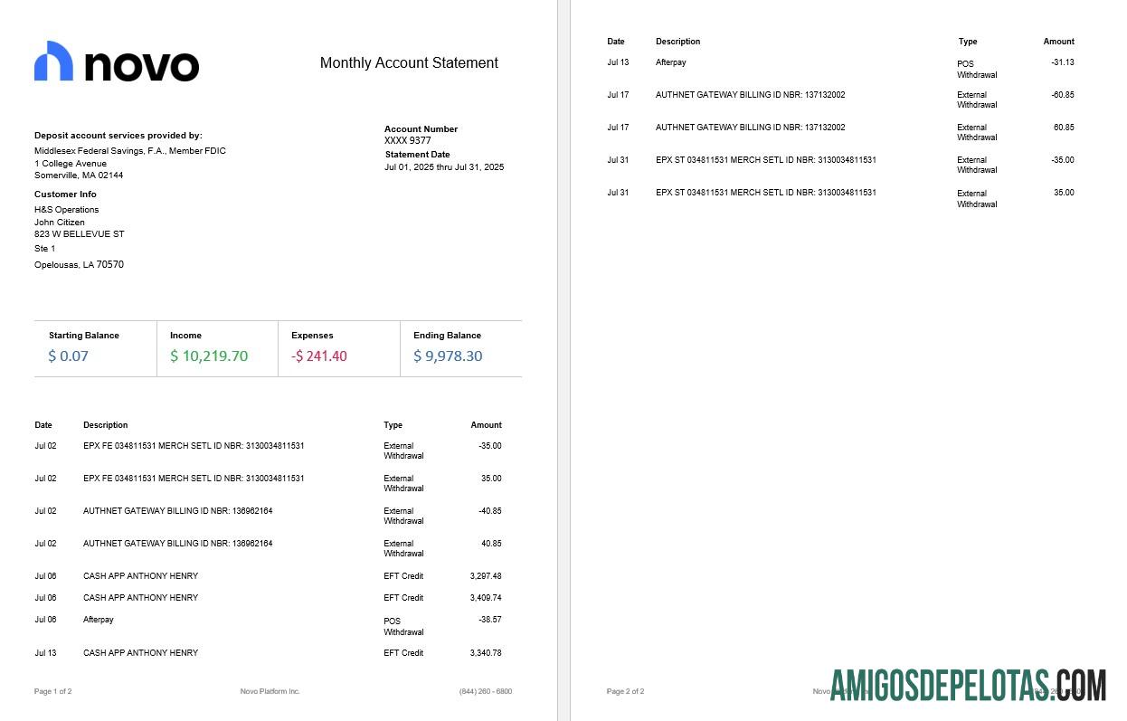Extrato bancário de negócios on-line da USA Novo Platform INC, 2 páginas.pdf amostra